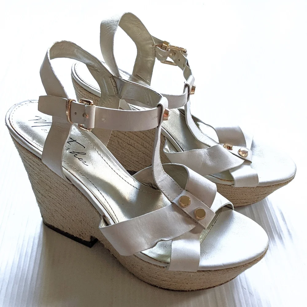 MARC FISHER Malek Chunky Espadrille jute Platform Sandals white leather